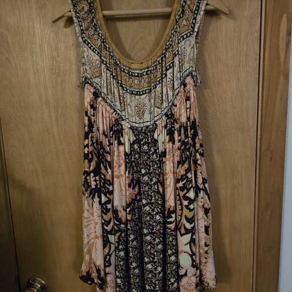 Free People Bali Mariposa Mini Slip Dress Tunic XL Floral Brown Combo EUC - Picture 3 of 5